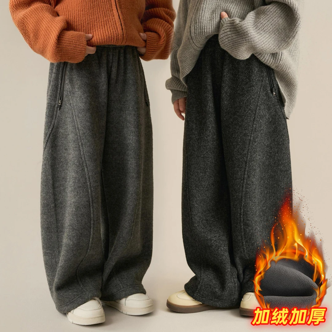 女童秋冬新款百搭韩系休闲加绒阔腿裤中大童时尚纯色弯刀裤