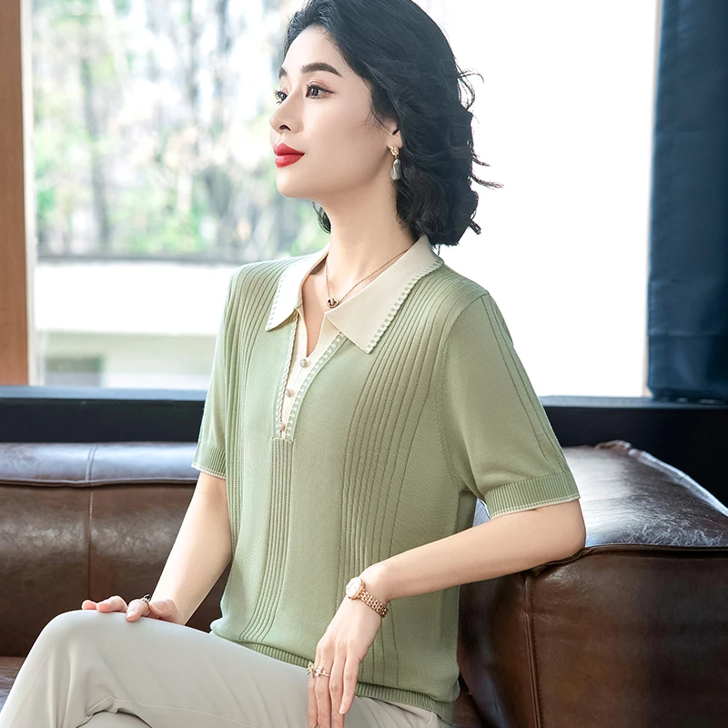 妈妈夏装短袖t恤莱赛尔小衫洋气上衣中老年女装新款时尚翻领薄衣