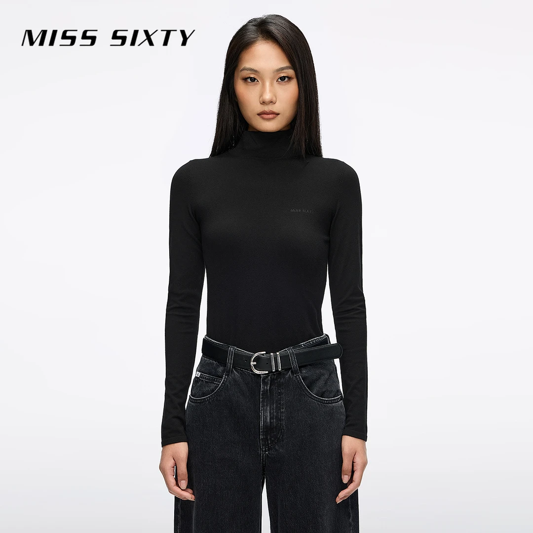 Miss Sixty2025秋季新款针织衫女高领紧身弹力长袖简约刺绣上衣