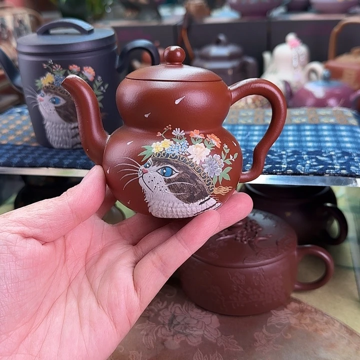 紫砂茶壶簪花猫葫芦