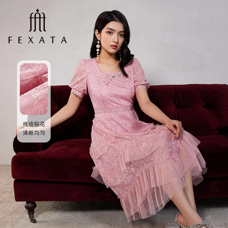 FEXATA斐格思2025夏季新品法式浪漫绣花蕾丝裙气质荷叶边连衣裙