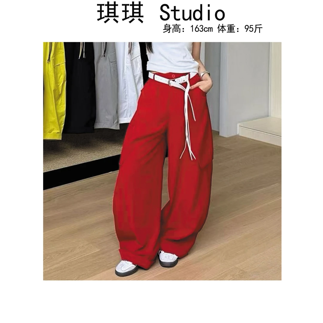 《琪琪家》夏季新款潮流气质时尚带腰带休闲香蕉工装裤25102-CS