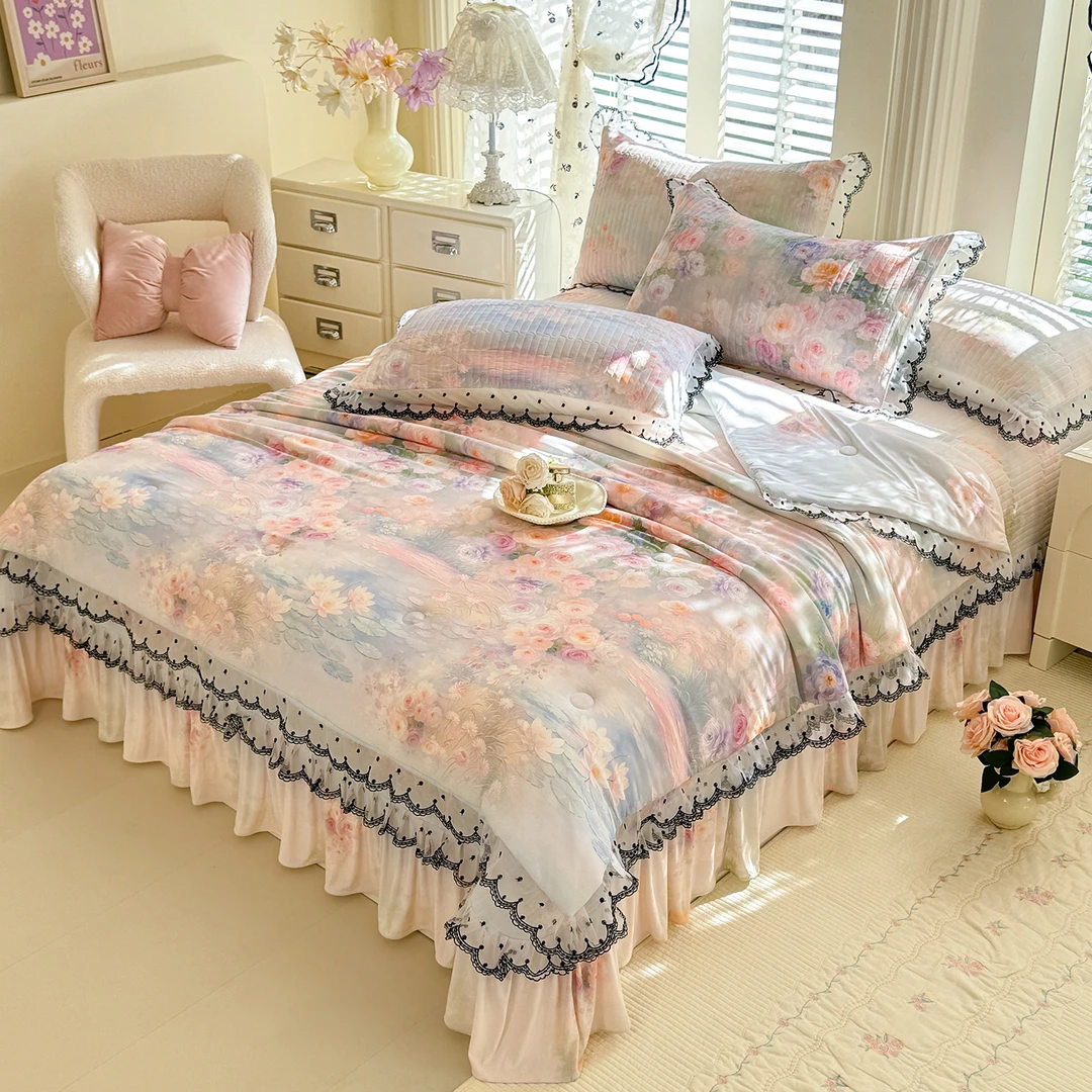 A类自带凉感冰丝夏被四件套床盖款花边夏凉被空调被小冰皮凉感丝商品图