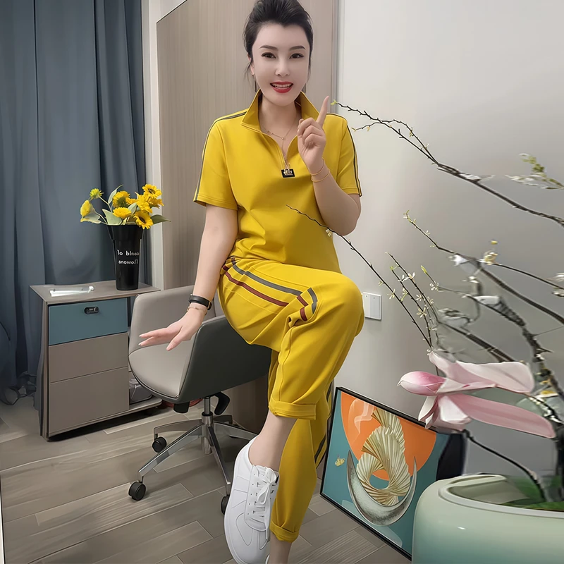 高含棉立领运动服套装女2025年夏季新款半拉链短袖上衣长裤两件套