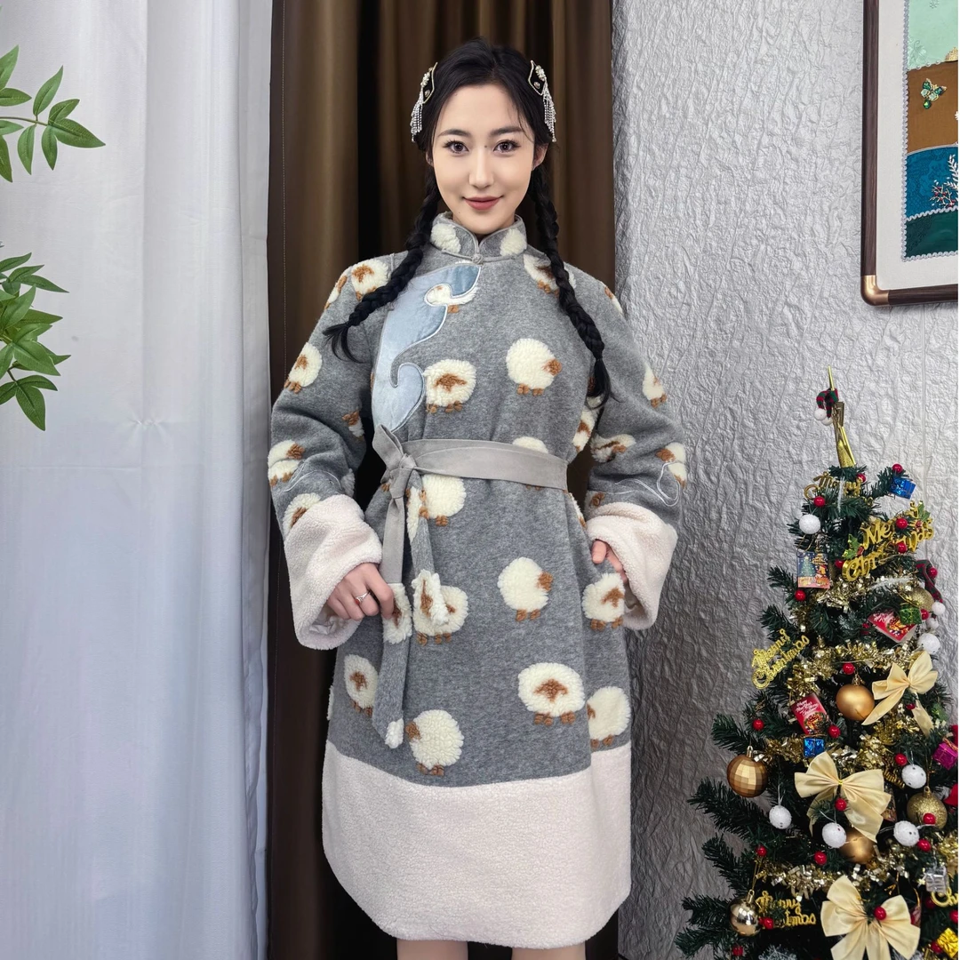 小众设计网红民族风灰色小羊蒙古冬季生活袍