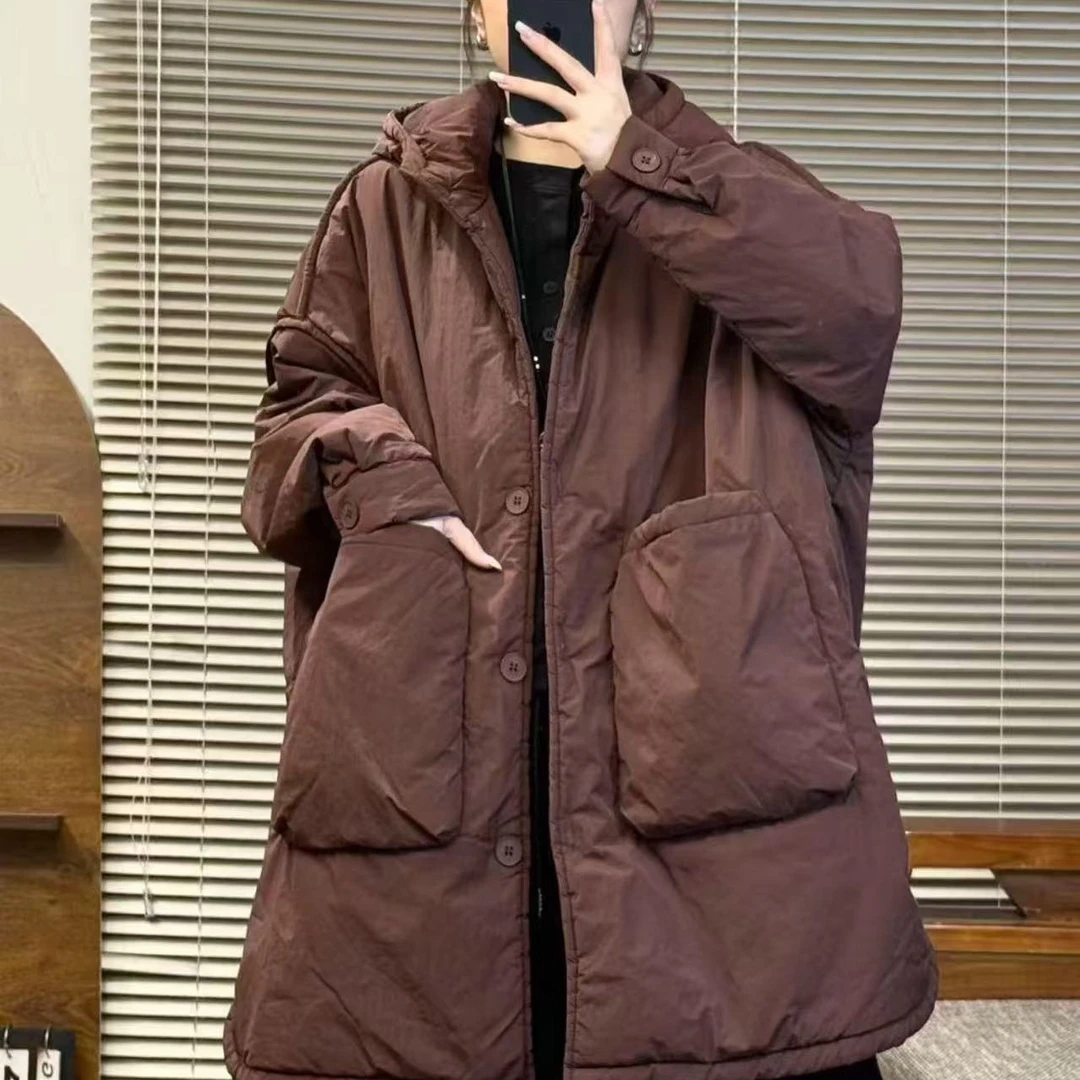 360冬季新款休闲简约连帽大口袋宽松中长款棉服外套女