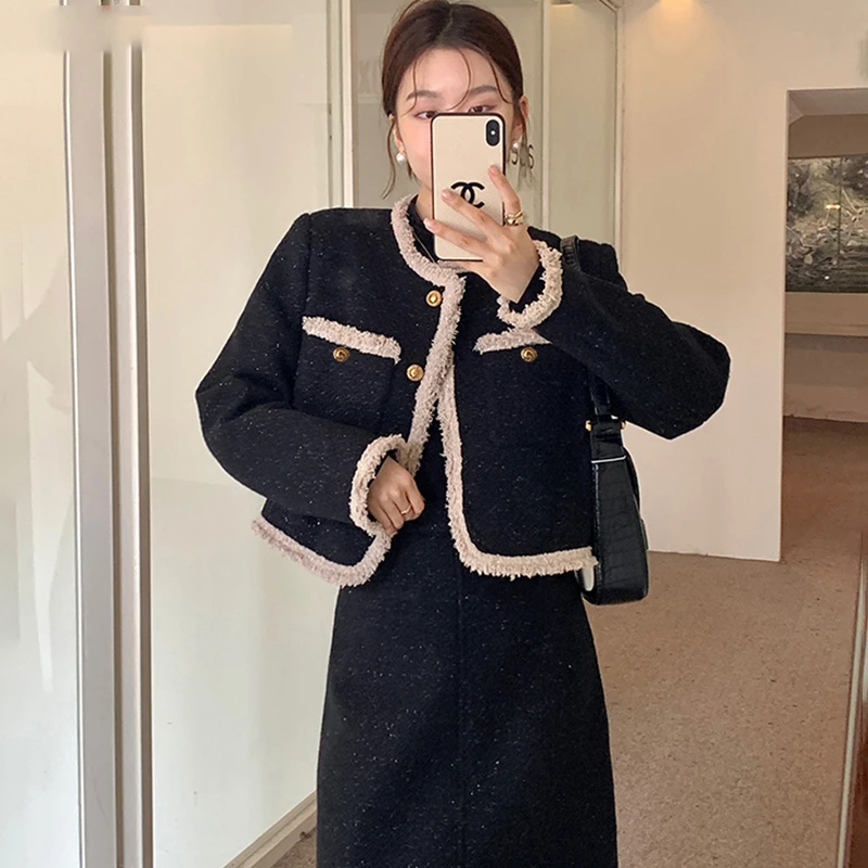 【加绒加厚】【两件套】高级感小洋装套装新款小香风高腰两件套2449