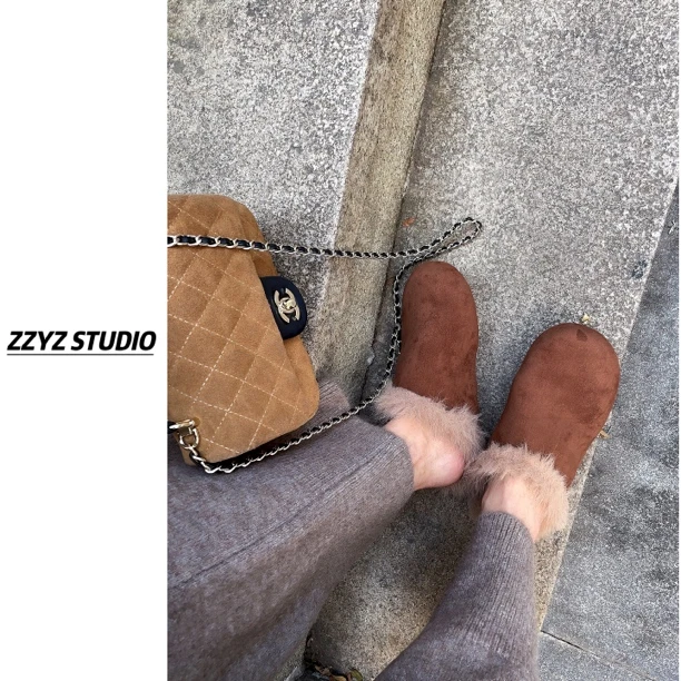 【ZZYZ】圆头一脚蹬拖鞋加绒保暖棉鞋平底毛毛鞋显瘦勃肯拖