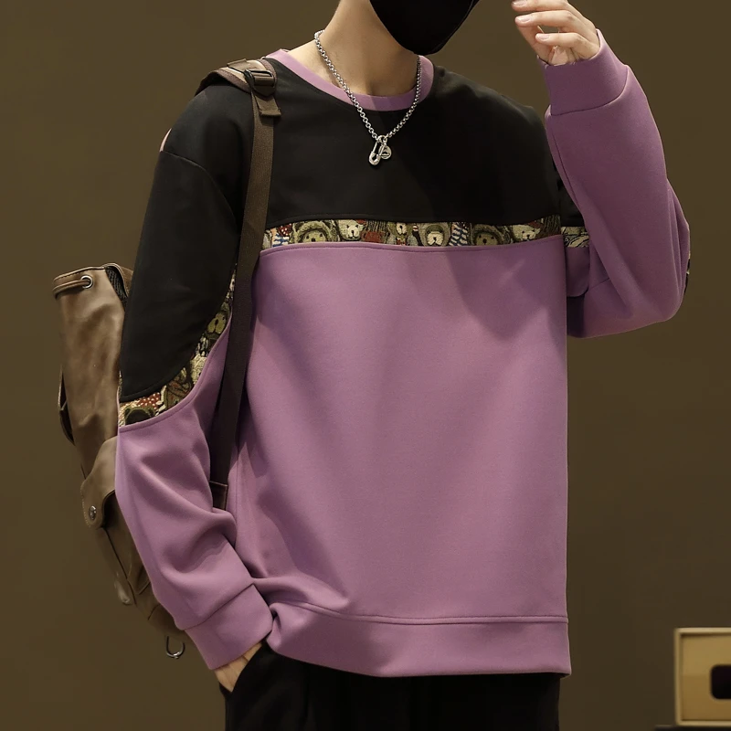 稻草人轻奢男士休闲卫衣春秋大码日系小熊提花长袖T恤宽松百搭风