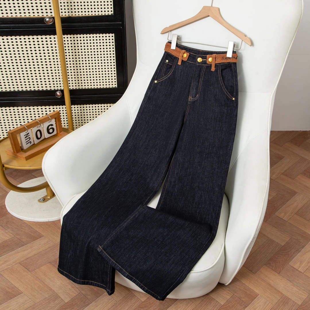 丹宁蓝牛仔裤女2025年秋季穿搭设计感小众水洗做旧微喇阔腿裤子女