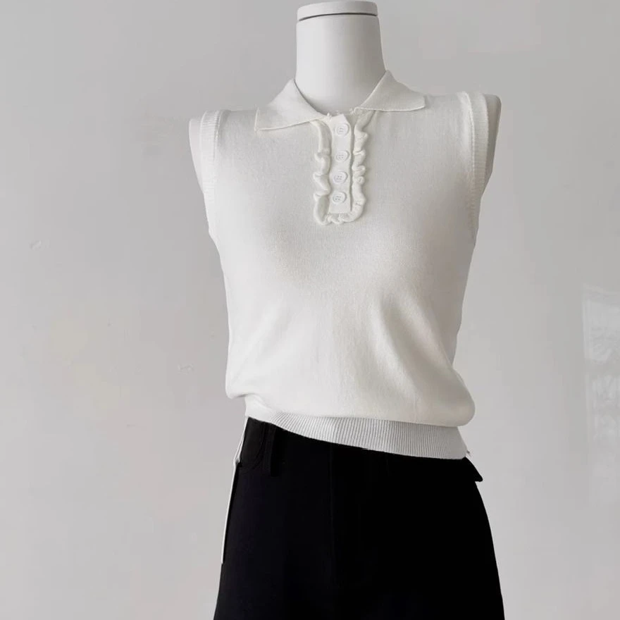 老钱感polo针织衫无袖上衣女2025年夏季设计感显瘦背心上衣女装