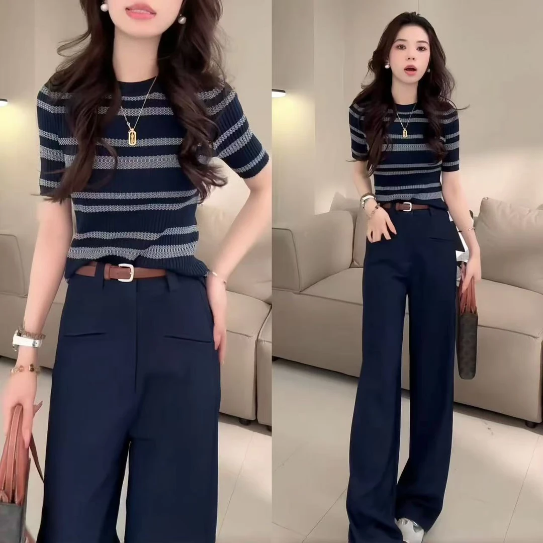 欧货撞色条纹薄款针织上衣女夏2025新款百搭时尚圆领短袖t恤显瘦