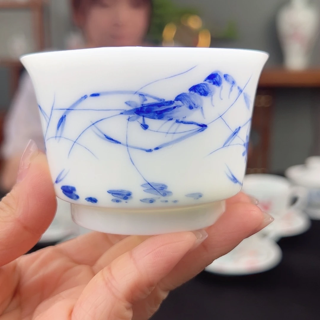 玉泥青花虾趣马蹄杯