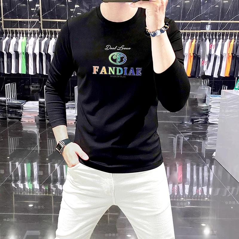 2025年秋欧洲站新款男士长袖T恤圆领紧身潮牌烫钻字母长袖打底衫