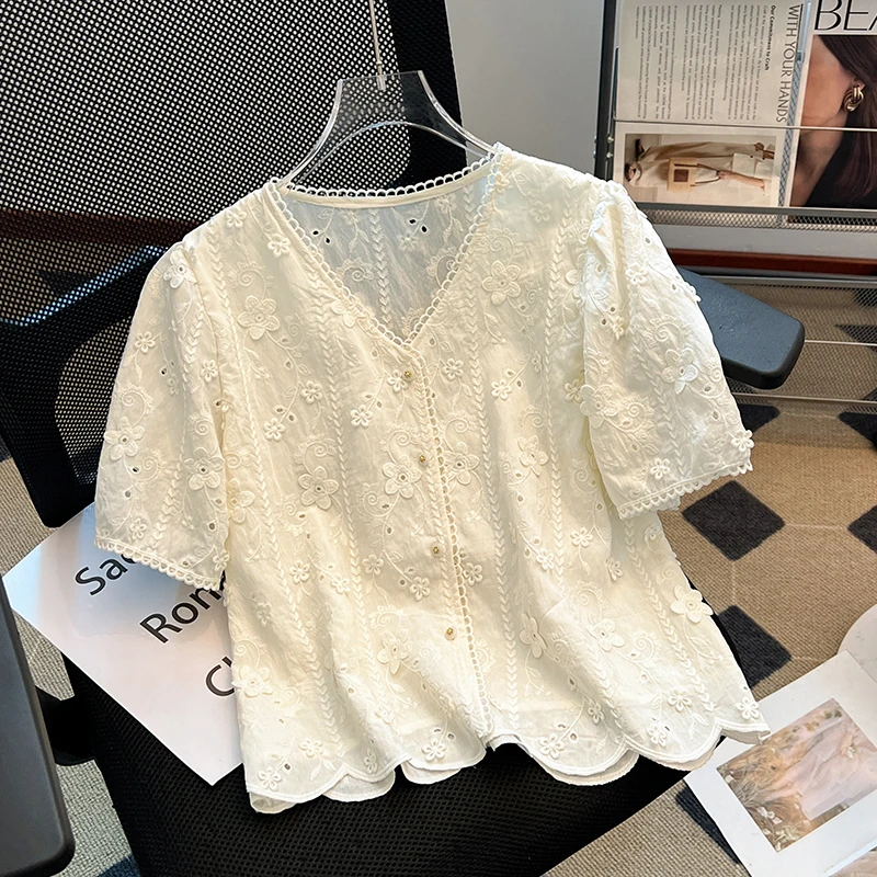 夏季新款显瘦短袖上衣女法式减龄正肩蕾丝小衫洋气设计感方领衬衫