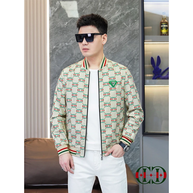 欧洲站男士薄款春季印花外套新款修身棒球领痞帅时尚潮流夹克男装