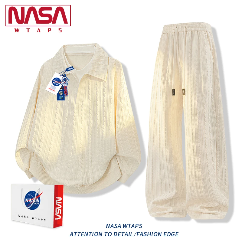 NASA WTAPS老钱风假两件polo衫卫衣套装男款秋季宽松休闲运动套装
