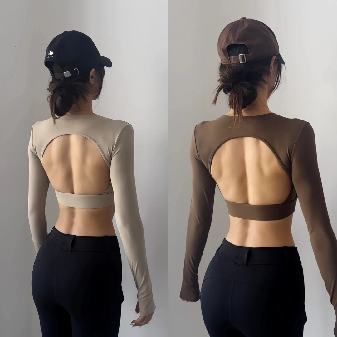 镂空含胸垫运动上衣女紧身美背短款瑜伽服长袖性感露背健身衣内搭