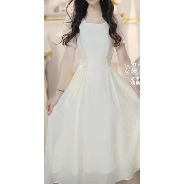 L5401夏季2025新款法式泡泡袖褶皱收腰显瘦甜美气质中长款连衣裙