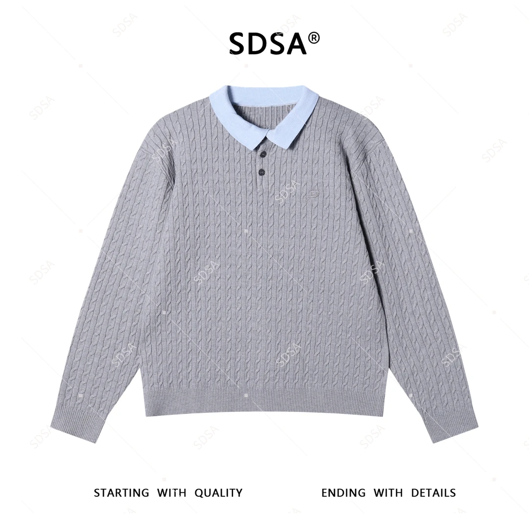 SDSA男士秋冬新款轻奢痞帅男装韩版拼色半纽扣翻领针织衫简约毛衣