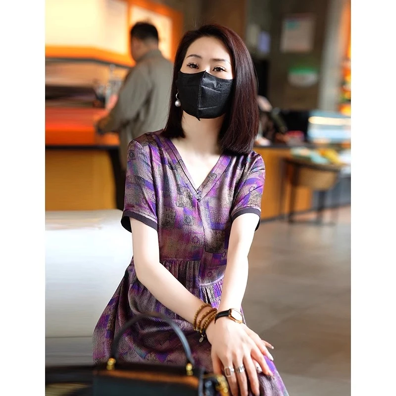 2025夏季时尚浪漫大牌杭州真丝连衣裙女气质妈妈桑蚕丝裙子
