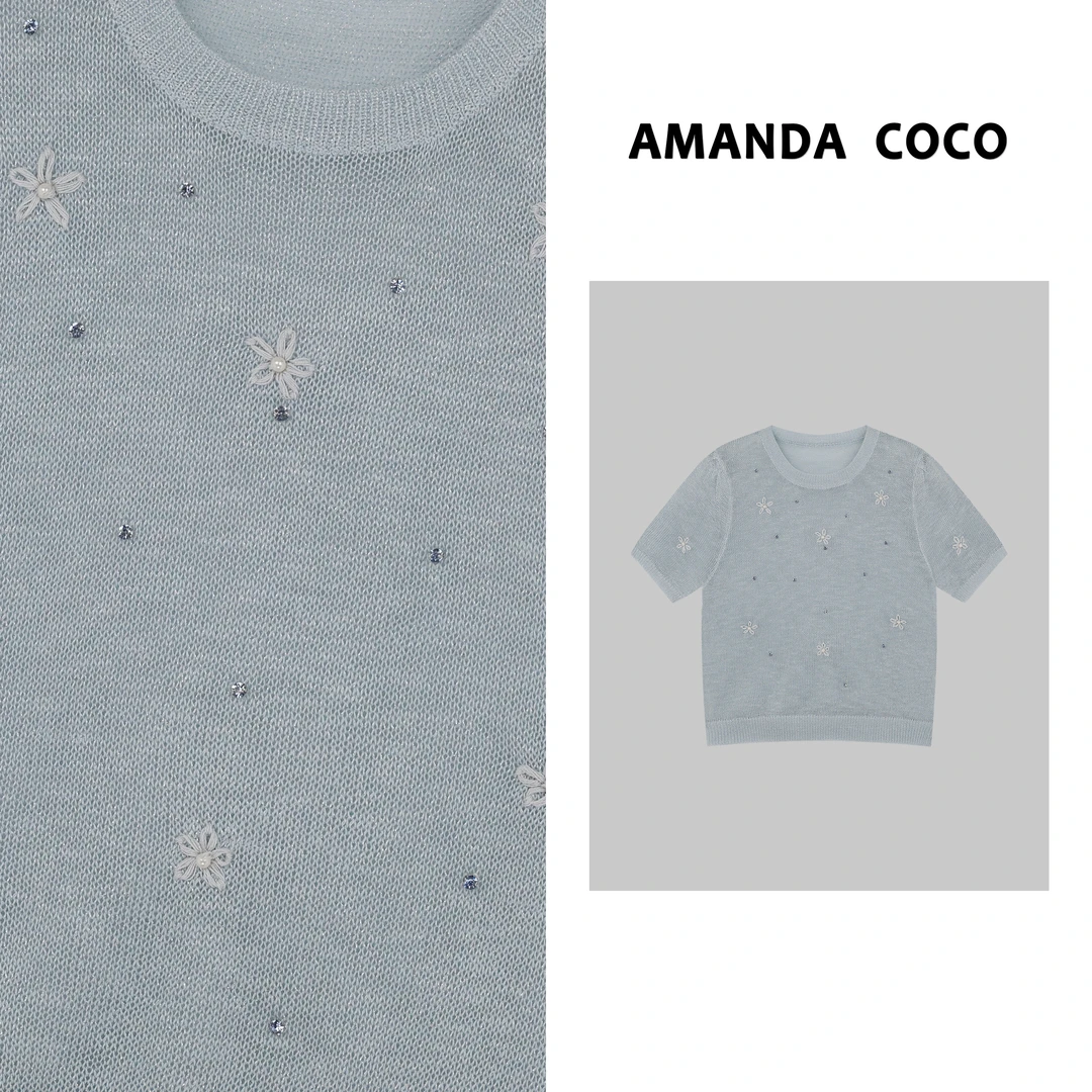 灿灿# 夏日花语～夏季薄款钉钻立体小花刺绣欧若风短袖针织衫