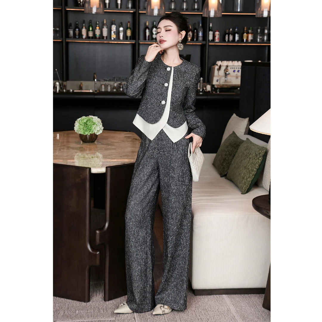 法式小香风高级雪花灰气质开衫小外套直筒阔腿裤套装总裁两件套秋