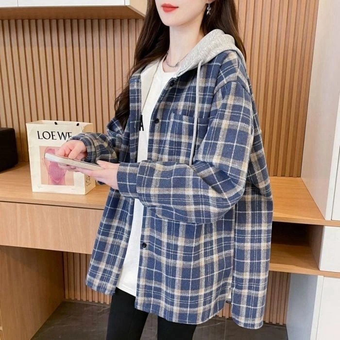 中长款连帽拼接格子衬衫女春秋2025新款宽松百搭休闲显瘦外套上衣