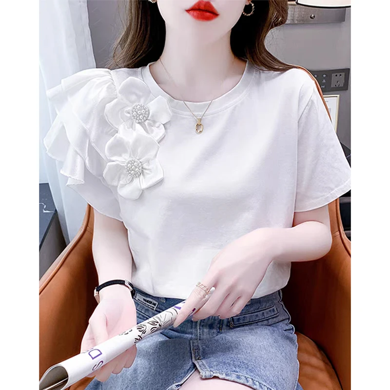 气质荷叶边短袖T恤女夏季2025年夏装新款设计感小众上衣洋气小衫