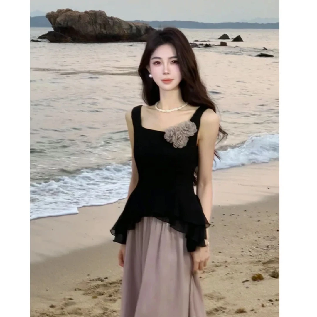 木子李的李良辰美景小众不规则上衣立体花朵气质a字长裙