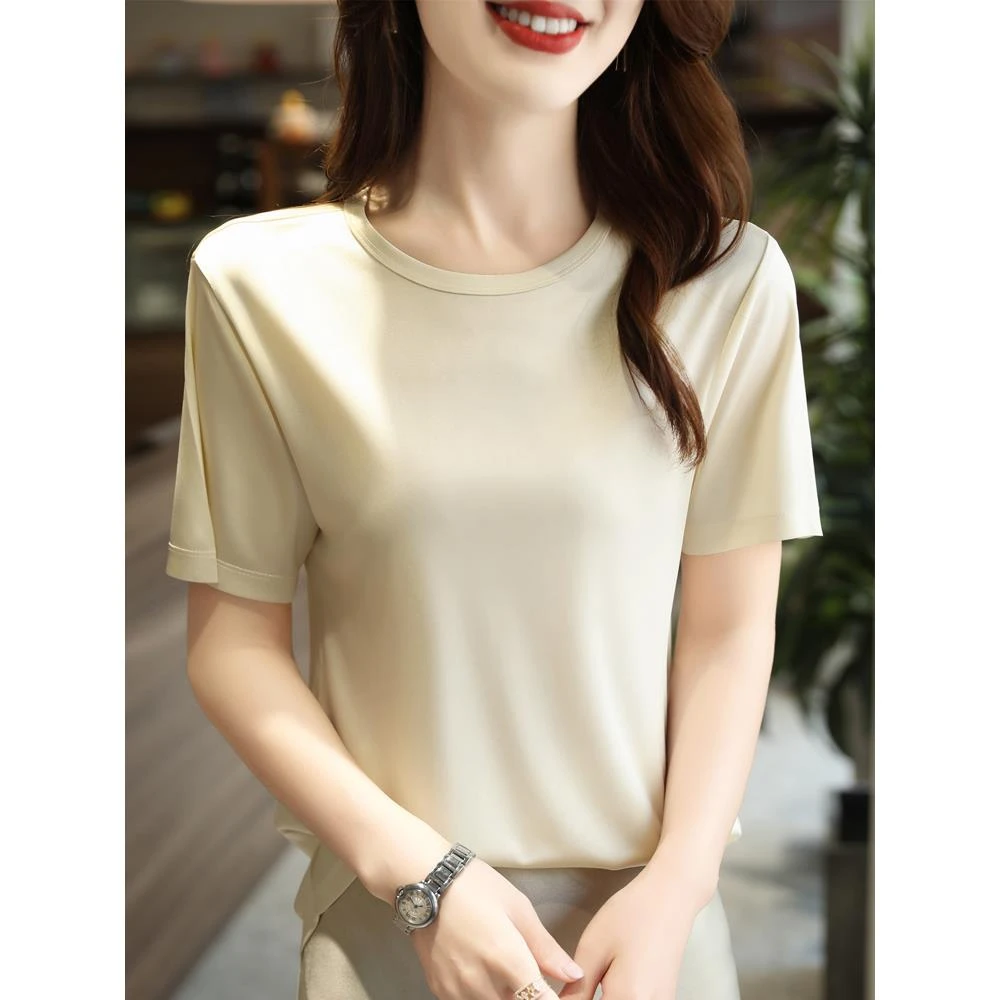 高级感醋酸短袖t恤女2025新款夏季冰丝垂感圆领宽松女士正肩半袖