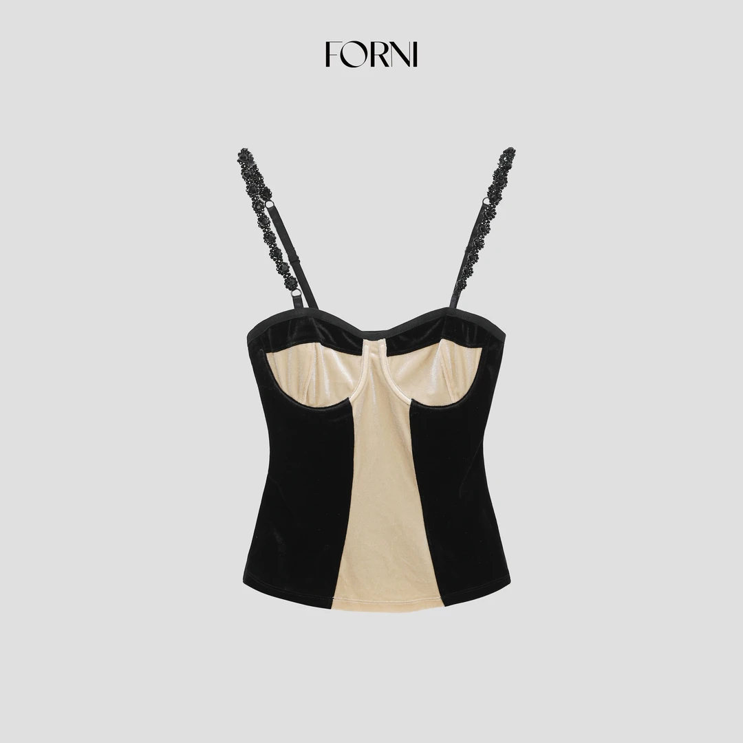 FORNI 法式微醺 法式复古宫廷风撞色拼接丝绒吊带