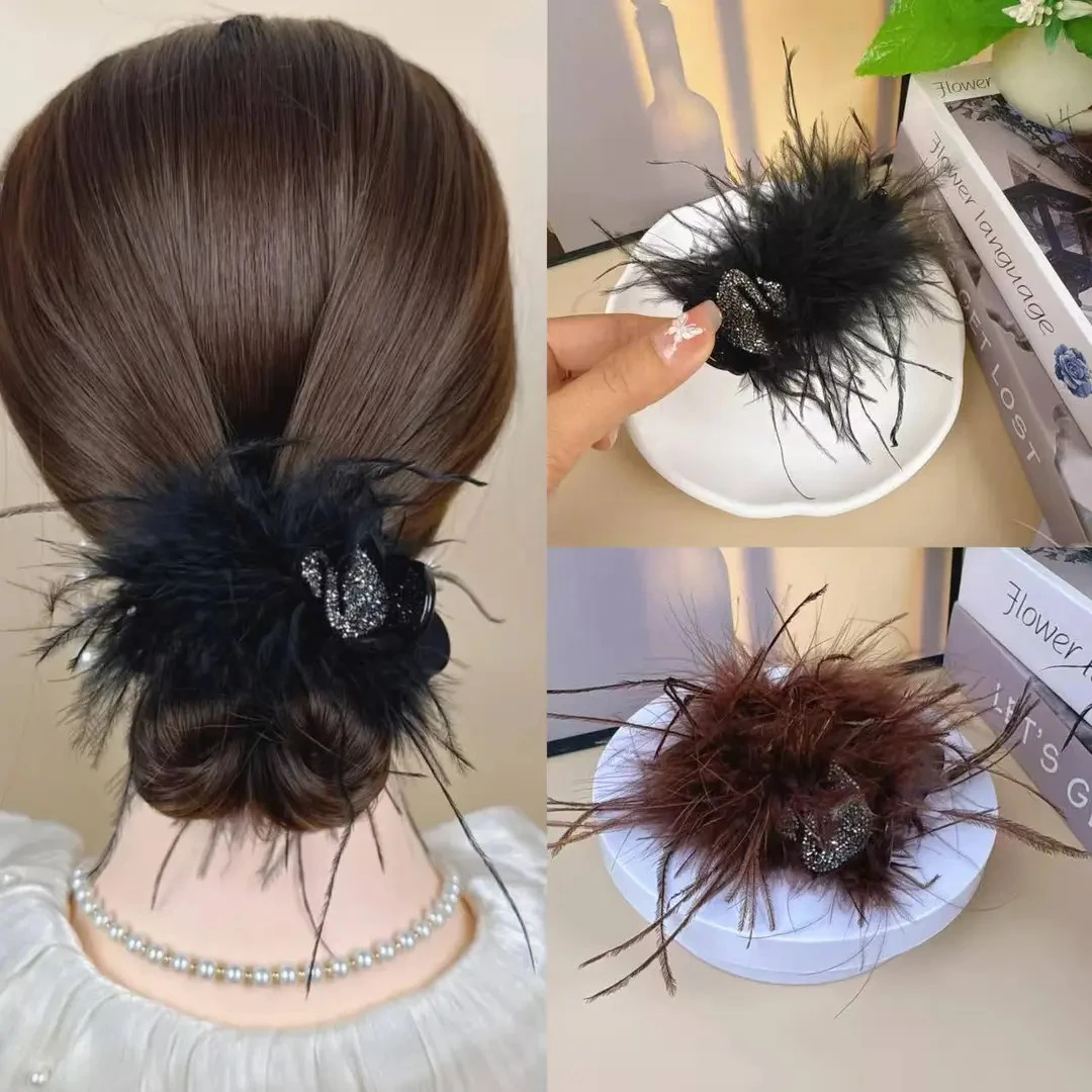 小天鹅羽毛优雅丸子头超仙抓夹