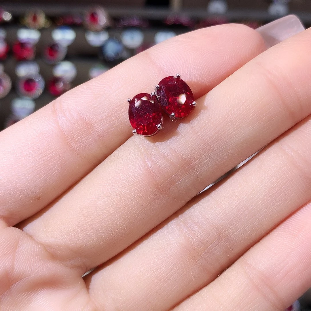 银S925镶嵌耳饰红宝石酒红白68