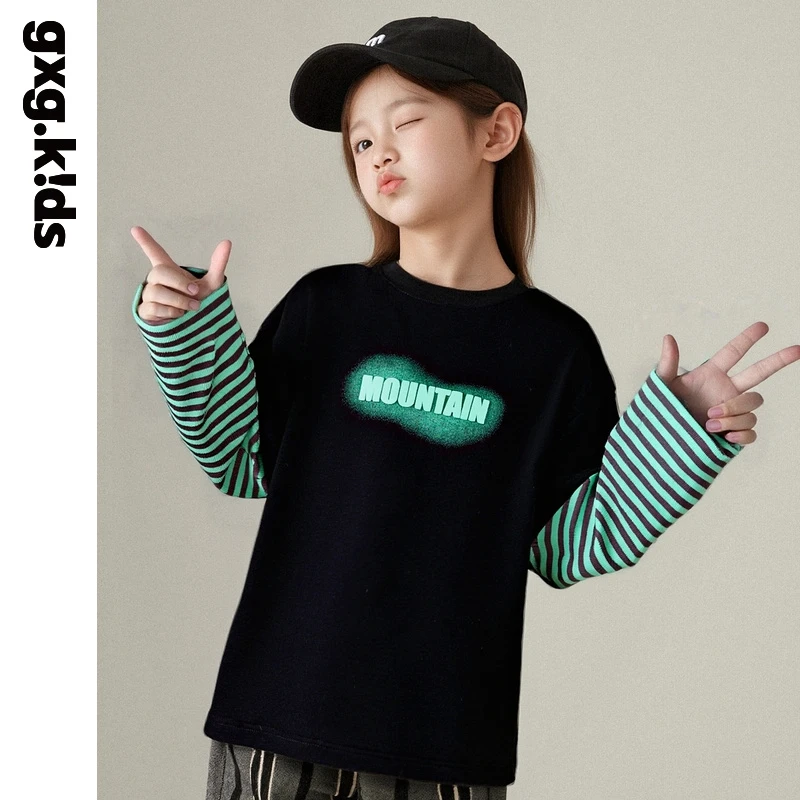 gxg kids宽松型圆领长袖春秋T恤假两件秋装拼接印花KGD33134353
