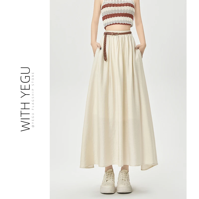 杏色复古山本裙女春夏高腰a字亚麻半身裙小个子文艺风大摆伞裙潮