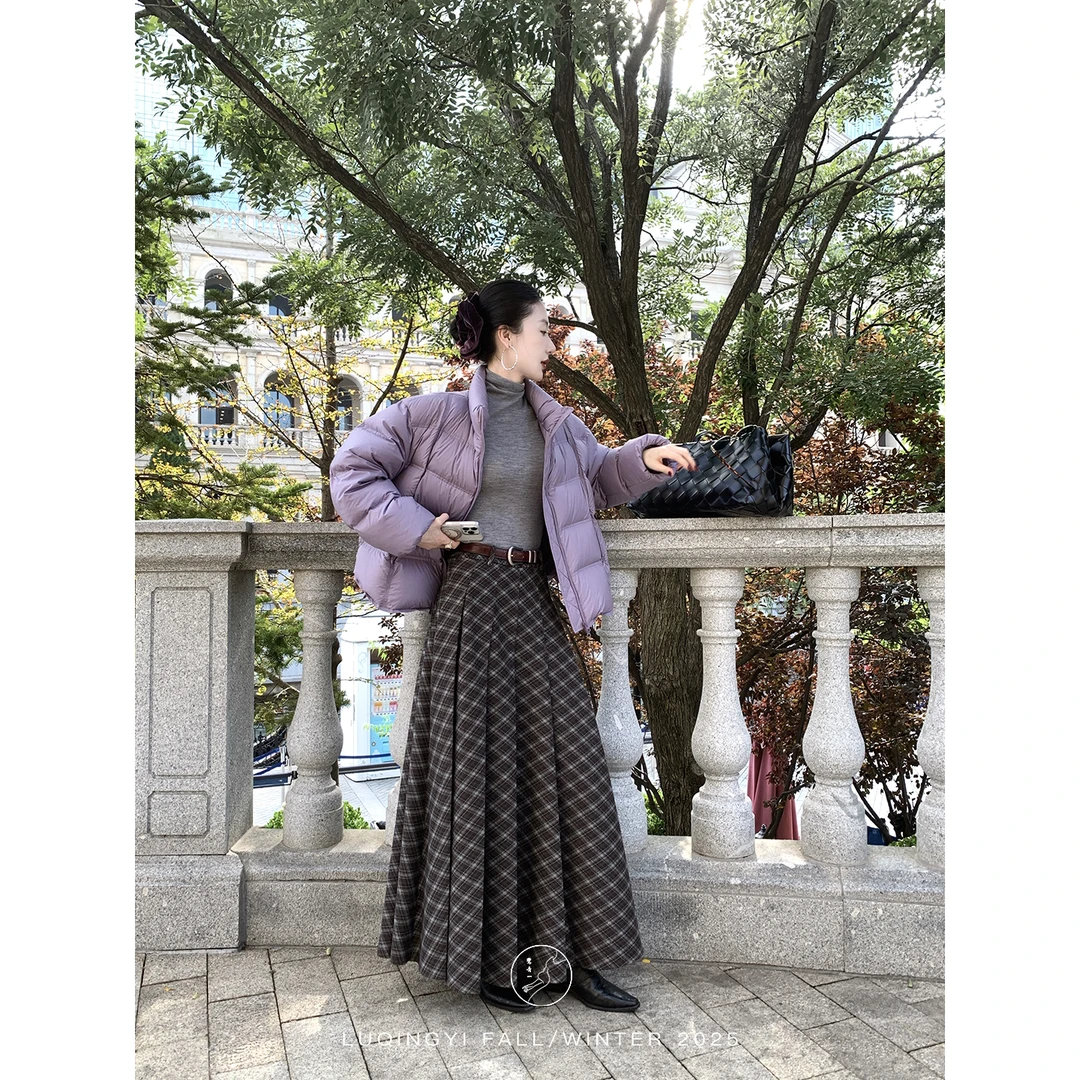 鹭青一原创【栩栩】复古格纹呢子百褶A字半身裙女秋L25Q3371K