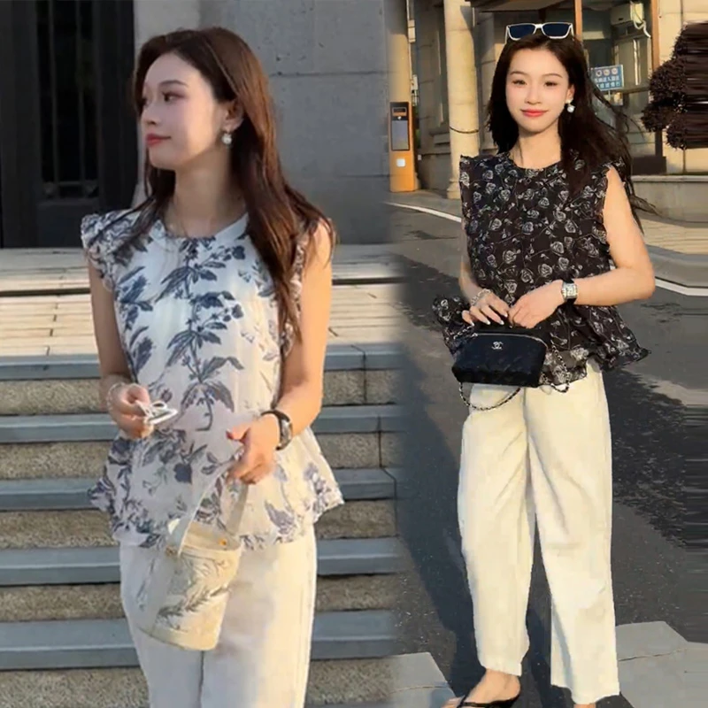 今年流行印花设计感漂亮小衫遮肉直筒裤女夏季新款洋气衬衫两件套