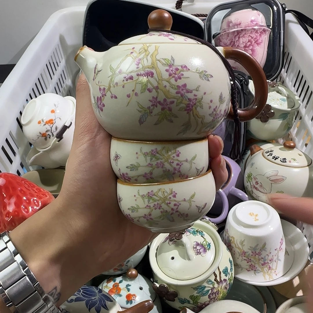 瓷片汝窑开片紫藤花西施一壶两杯