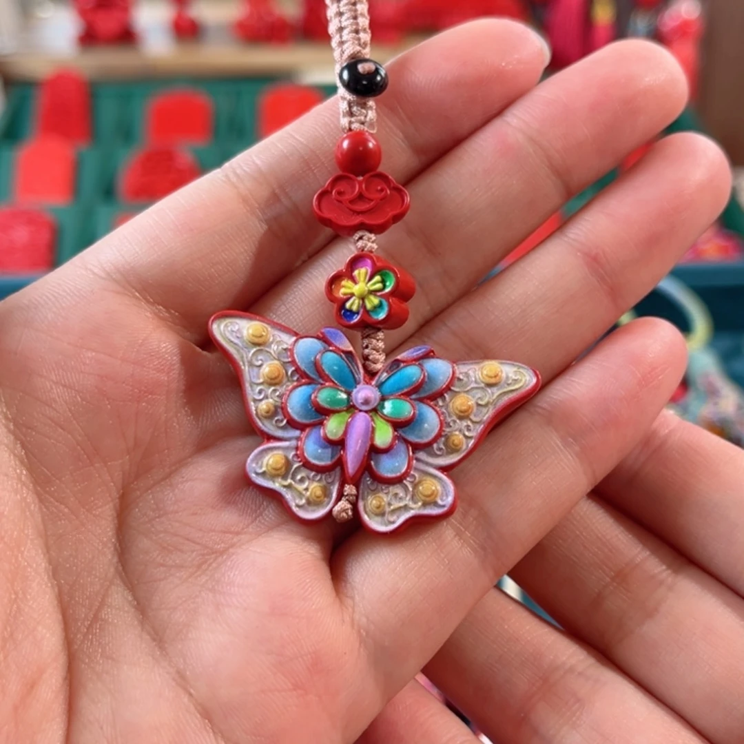 天然辰砂含辰砂工艺品彩绘蝴蝶钥匙扣包包挂