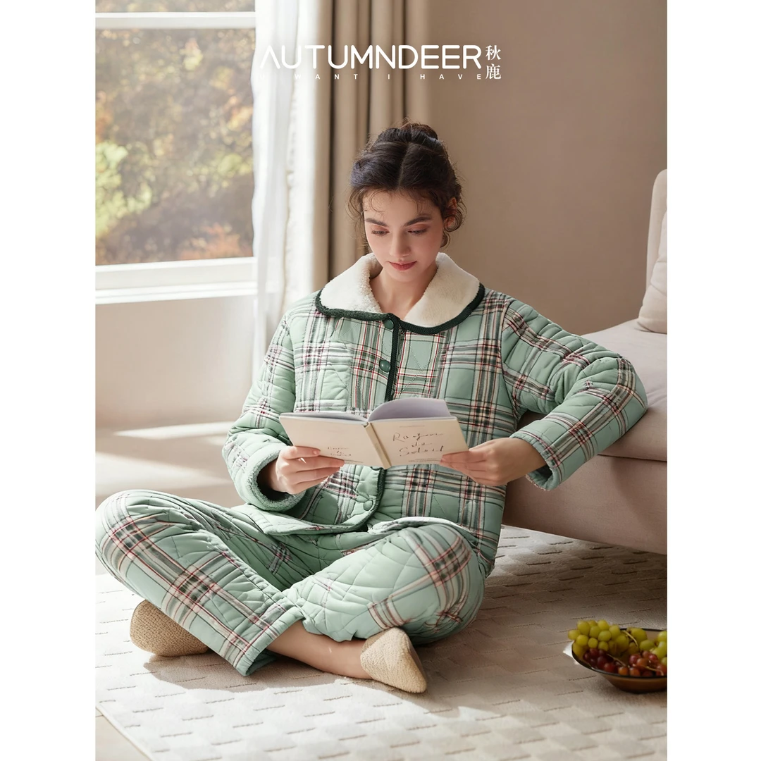 秋鹿三层夹棉梭织色织格字加厚加绒大翻领女套显瘦保暖家居服