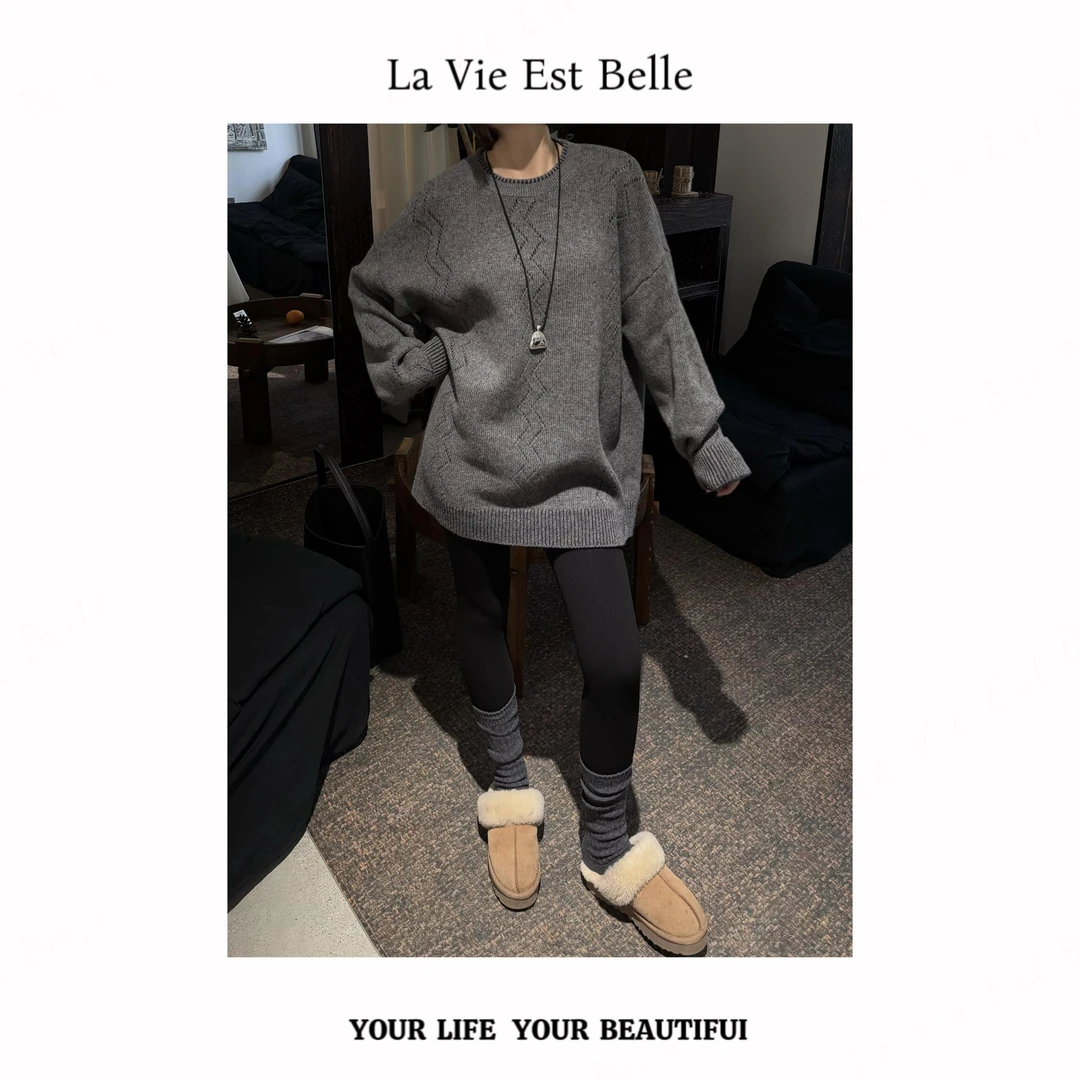 【灰团团】100绵羊毛提花韩版休闲宽松厚款圆领长袖毛衣SY-M121