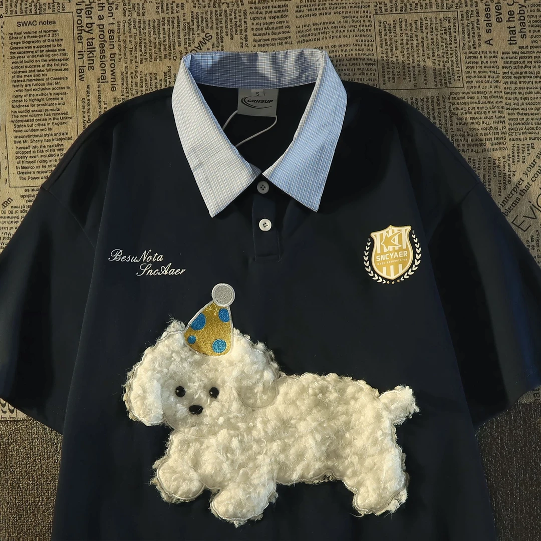 【当天发货 原版做法】可爱毛绒小狗格子polo领短袖t恤女夏纯棉宽