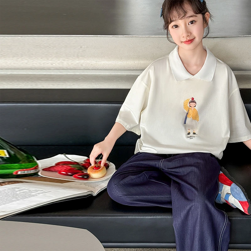 女童夏季T恤2025新款初中生甜美小领子印花上衣休闲宽松时尚薄款