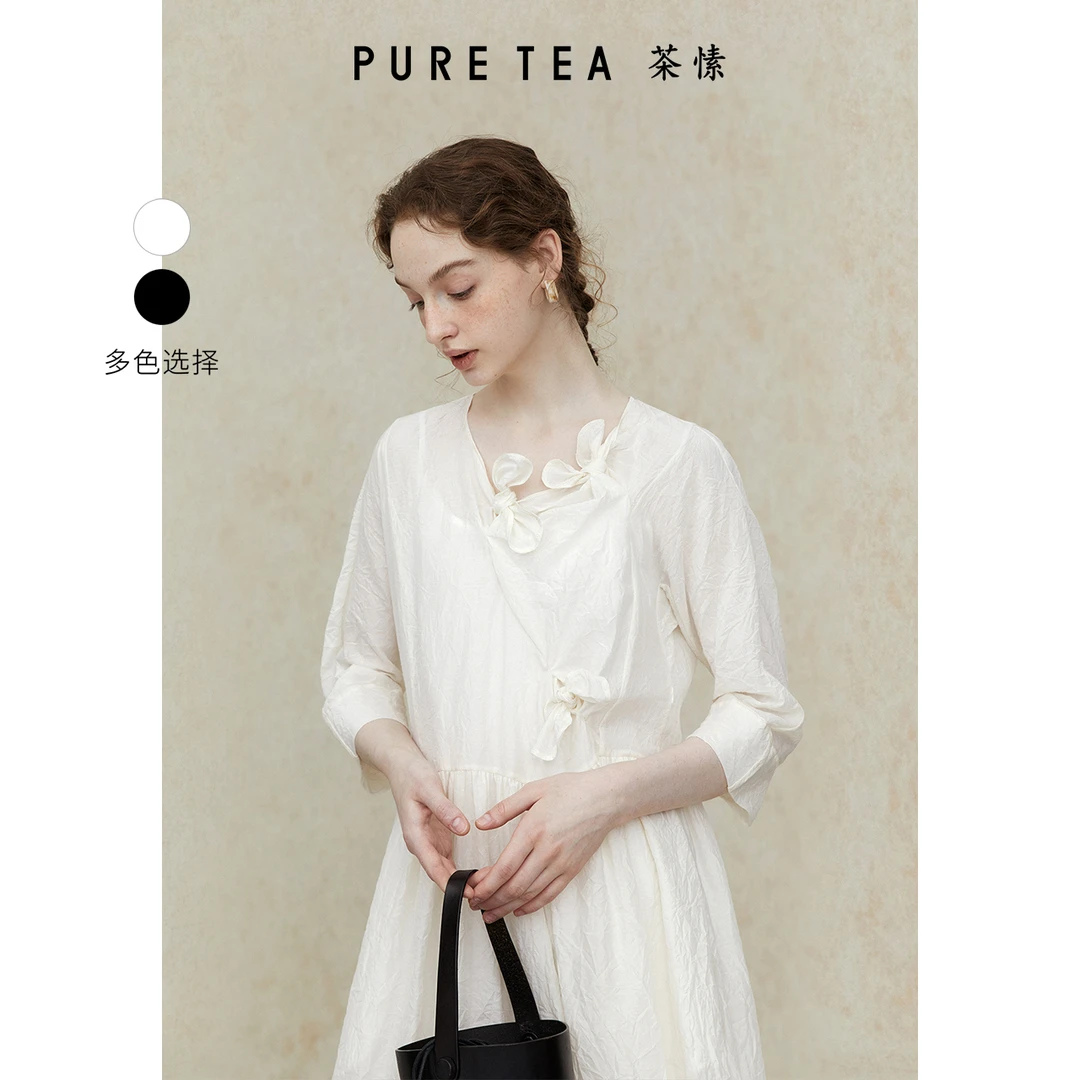 【东方文艺】puretea茶愫绑结连衣裙收褶肌理感2025夏新款TD0602B21