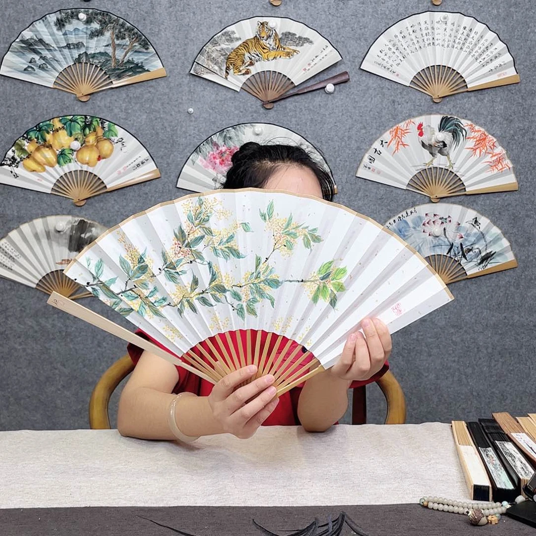 国画95寸玉竹-纯手绘-文玩扇骨（默认粘好）