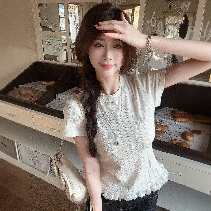 2025新品甜美蕾丝拼接短袖针织衫女夏季减龄爱心提花chic显瘦上衣