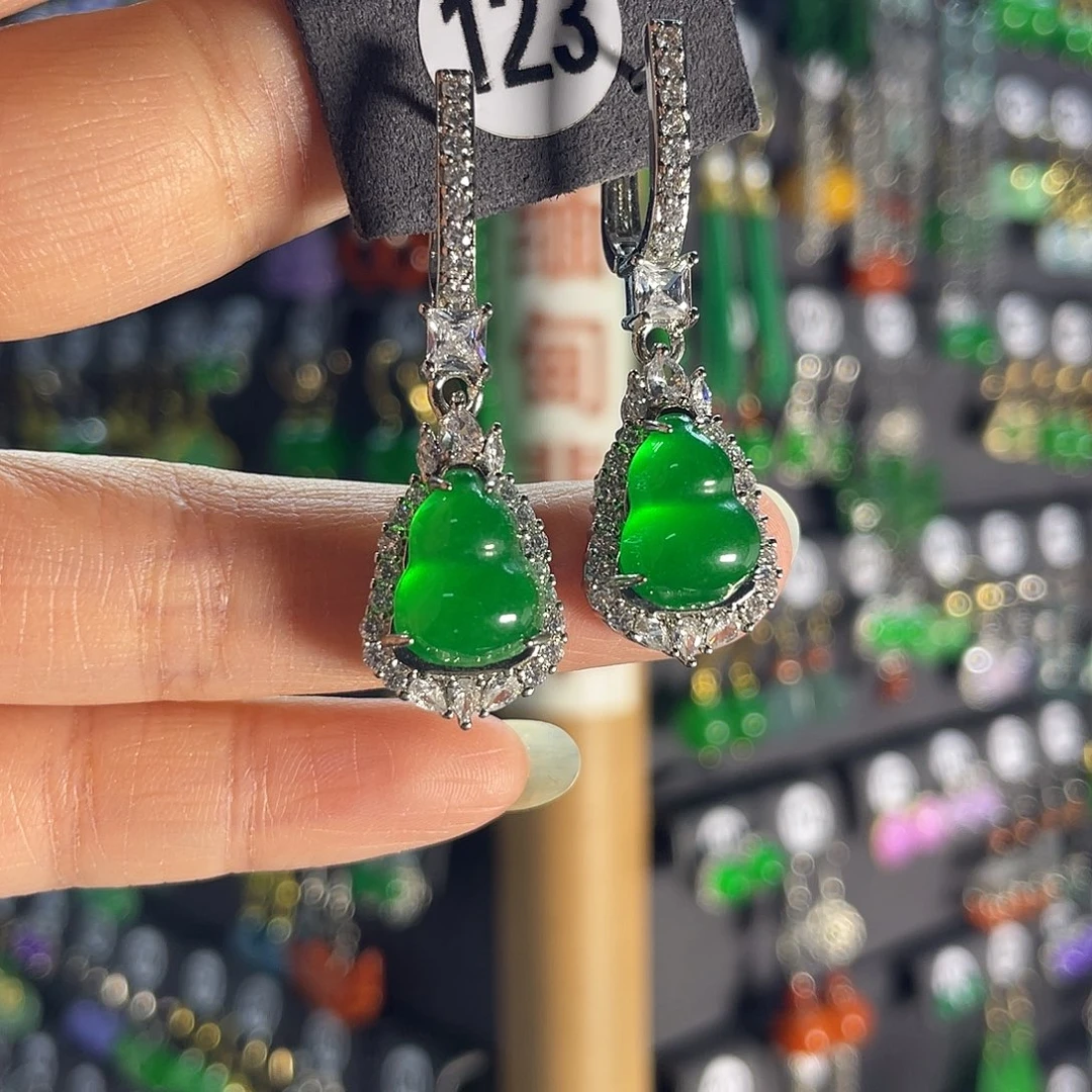 翡翠银S925镀金镶嵌耳饰123