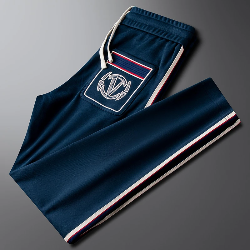 轻奢潮流撞色织带刺绣休闲裤男修身直筒秋冬新款显瘦百搭运动卫裤