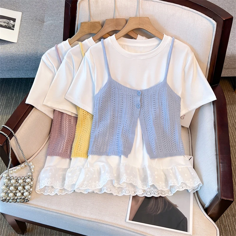 大码设计感叠穿蕾丝拼接短T恤2025新款宽松时尚两件